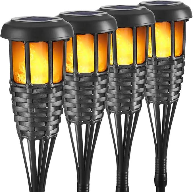Solar Torch Light with Flickering Flame, 4 Pack Waterproof Bamboo Torches Hand-Woven Rattan Solar Tiki Torches for Outside Patio Yard Garden Lawn (Black-4 Pack) by GreenHaven Gardens