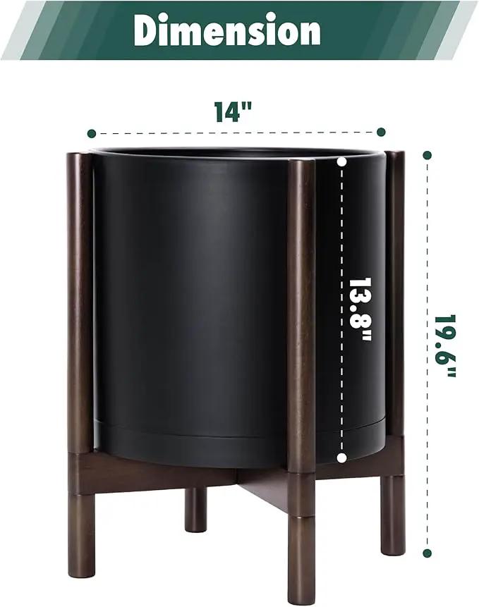D'vine Dev Planter Pot with Stand - 14 Inch Plastic Cylinder Flower Pot with Wood Planter Holder for Indoor, Matte Black Pot + Walnut Color Stand, 55-C-R-2 by GreenHaven Gardens