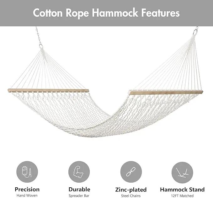 ANOW Outdoor Rope Hammock with Spreader Bars, Heavy Duty Hammock with Pad for Outdoors, 450 LBS Weight Capacity, Cream by GreenHaven Gardens