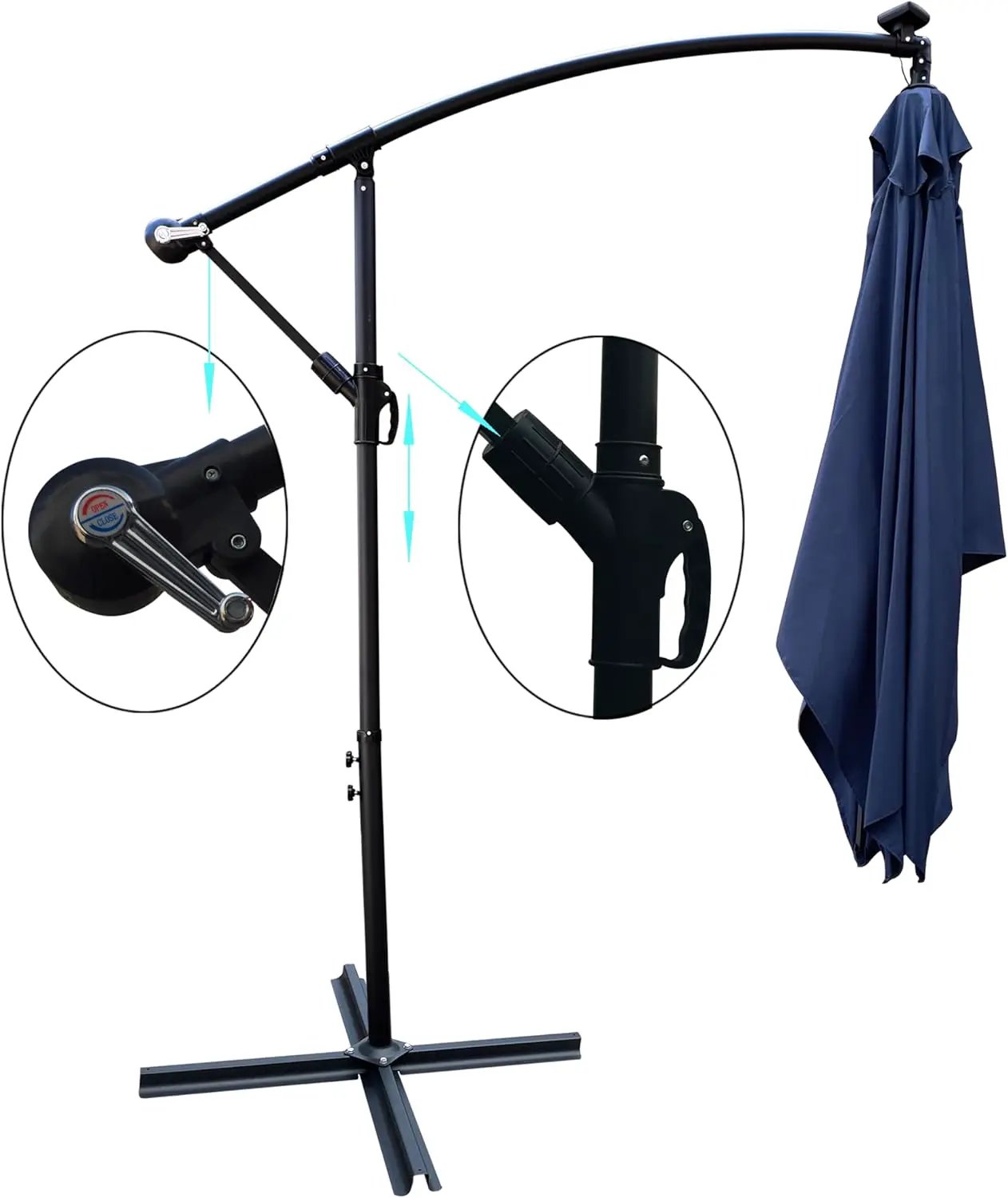 8x8FT Patio Umbrella, Outdoor Offset Umbrella with Cross Base and Crank, Square Cantilever Umbrella with Solar Lights, Hanging Market Umbrella with 8 Rids for Pool, Deck, Backyard (Navy Blue) by GreenHaven Gardens