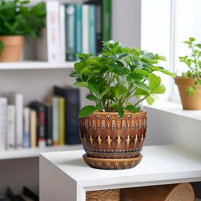 G EPGardening 5.5 Inch Plant Pot - Ceramic Planter for Indoor Outdoor Plants, Boho Round Indoor Flower Pot with Drainage Hole and Saucer, Housewarming Gifts, Garden Home Room Decor, Brown by GreenHaven Gardens