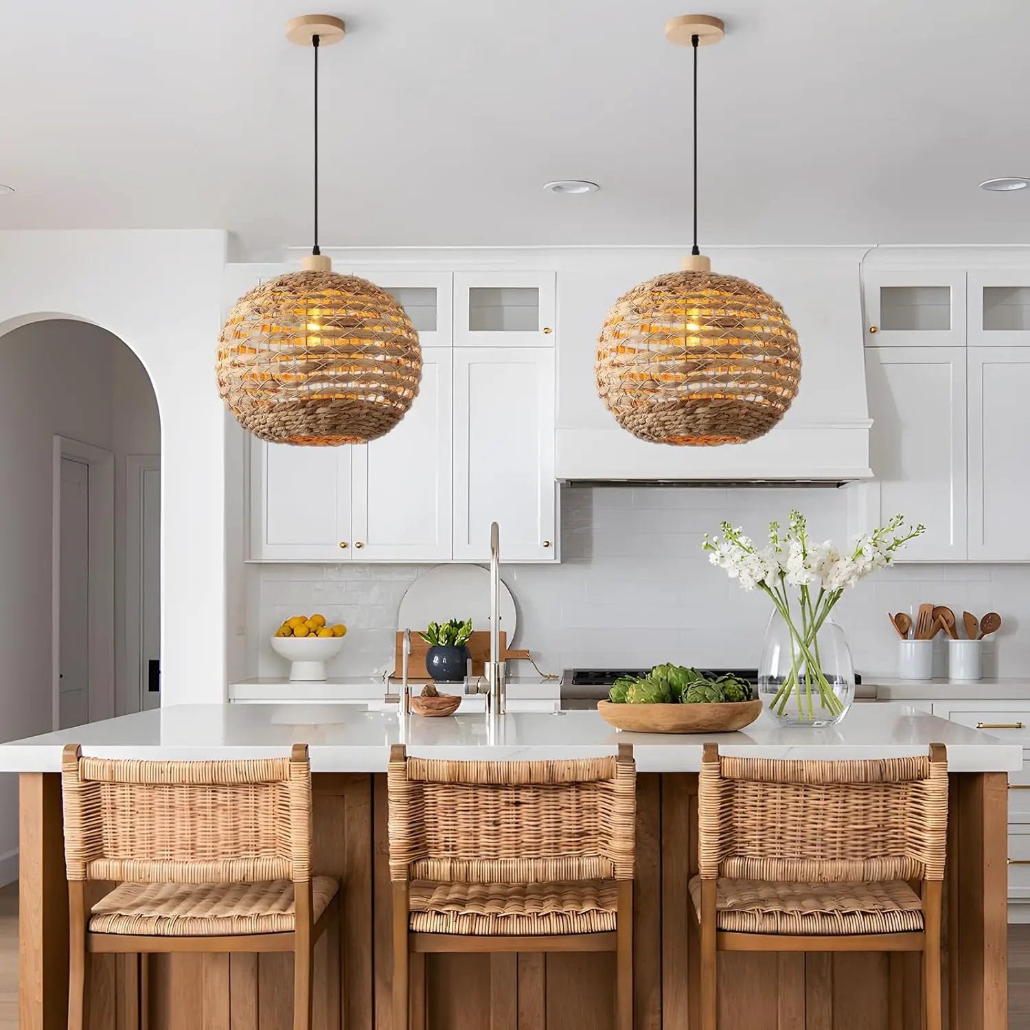 Boho Pendant Lights Kitchen Island Rattan Lights Fixture for Dining Room 15.8" Hand-Woven Chandelier Weaving Hanging Ceiling Light for Restaurant Living Room Bedroom Foyer Hallway by GreenHaven Gardens