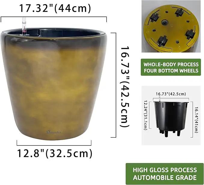 Dexceder 18x17 Self Watering Planter with Wheels Indoor Outdoor, Inner Pot Design, Thickened Large Floor Standing Flower Plant Pot with Water Level Indicator (Yellow Brown Gradient) by GreenHaven Gardens