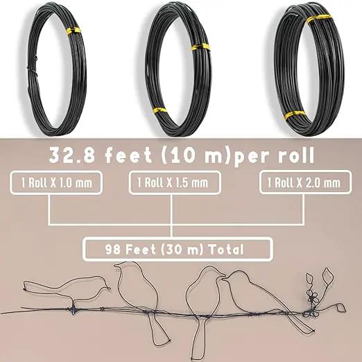 Sanlykate Bonsai Wire Tool Kit with Cutter, 3 Roll Tree Training Wires 98 Feet Total, 1.0mm, 1.5mm, 2.0mm Anodized Aluminum Wire Set, Hold Plant Branches Trunks - Black by GreenHaven Gardens