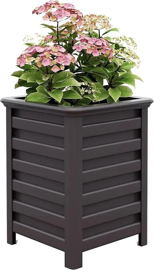 Aluminum Outdoor Planter - 19.68" Tall Planter Box for Patio Porch Indoor or Outdoor Durable Weather-Resistant Large Planters for Flowers with Drainage Hole, Dark Brown, 19.68"D x 19.68"W x 27.56"H by GreenHaven Gardens