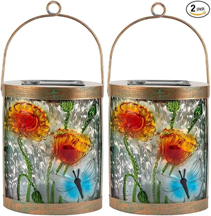 Starsoul 2 Pack Hanging Solar Lantern Outdoor Waterproof Glass Butterfly and Flowers Decorative Solar Lights for Outside Garden Yard Table Patio Decor by GreenHaven Gardens