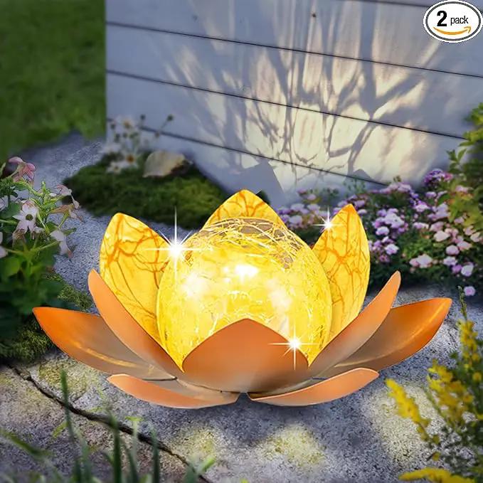 Garden Solar Light Outdoor(2Pack),Crackle Globe Glass Lotus Decoration, Waterproof Metal LED Flower Lights for Patio,Lawn,Walkway,Tabletop,Ground by GreenHaven Gardens