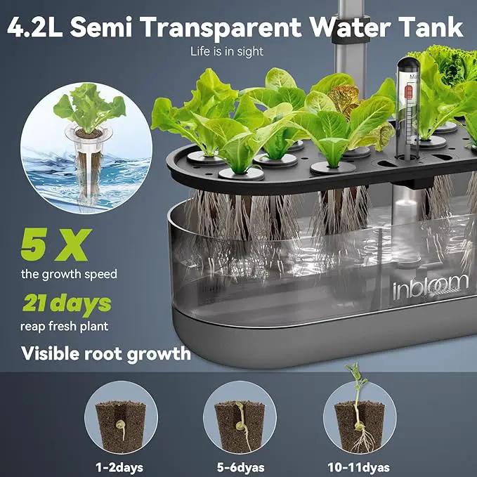 inbloom 12 Pods Hydroponics Growing System Kit, Herb Garden Planter Indoor Kit, Indoor Gardening Hydroponics Growing System with 4.2L Water Pump, Height Adjustable, Gifts for Woman, Transparent Black by GreenHaven Gardens