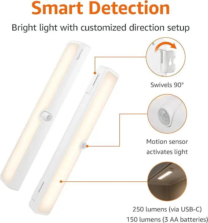 Amazon Basics LED USB/Battery Operated Light Bar, Swivel Motion Sensor, Stick on Lights, 250 Lumens, 12 Inches, Under Cabinet Lighting, Closet, Kitchen, 2 Pack, White by GreenHaven Gardens