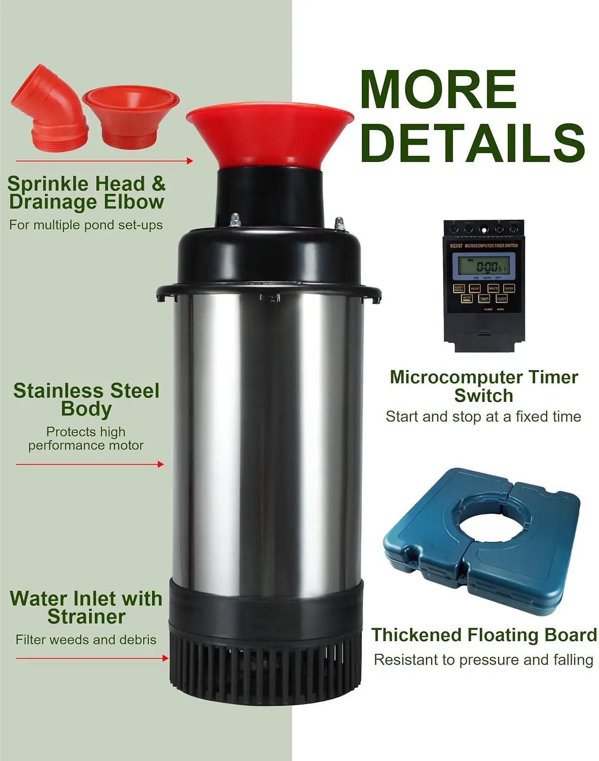 Pond Fountain Aerator 1HP, AS2 750W 15000GPH 110V/120V High Flow Floating Water Fountain Pump With 100ft Power Cord, Stainless Steel Body Aerating Fountains Cascade for Large Small Pond/Lake by GreenHaven Gardens