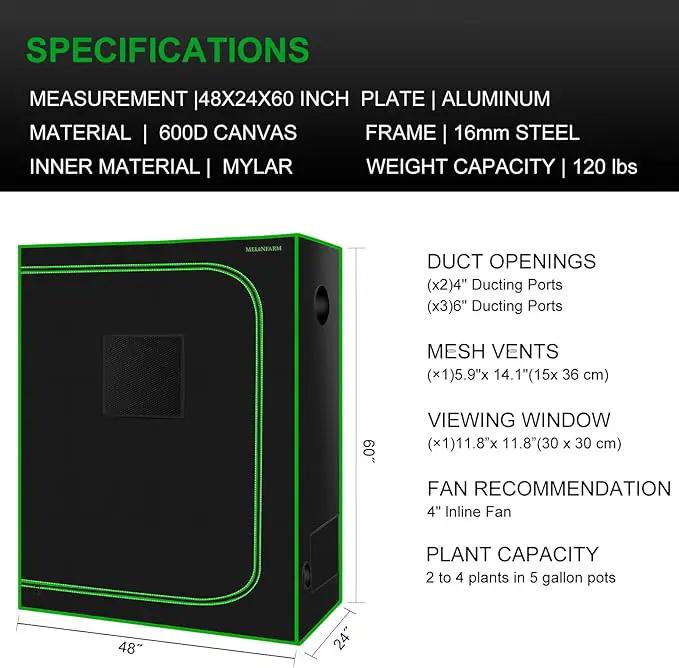 MELONFARM 4x2 Grow Tent, 48"x24"x60'' High Reflective 600D Diamond Mylar Canvas with Observation Window and Floor Tray for Hydroponic Indoor Plant Growing by GreenHaven Gardens