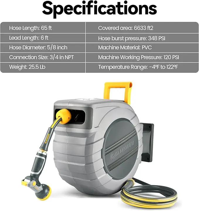 Retractable Garden Hose Reel 5/8 in x 65 ft, 2025 Upgraded Dual Ratchet Lock UV & Freeze Protection Brass Seal Slow Retraction Anti-Tangle Hose 180°Swivel Reinforced Scaffold Wall Mount by GreenHaven Gardens