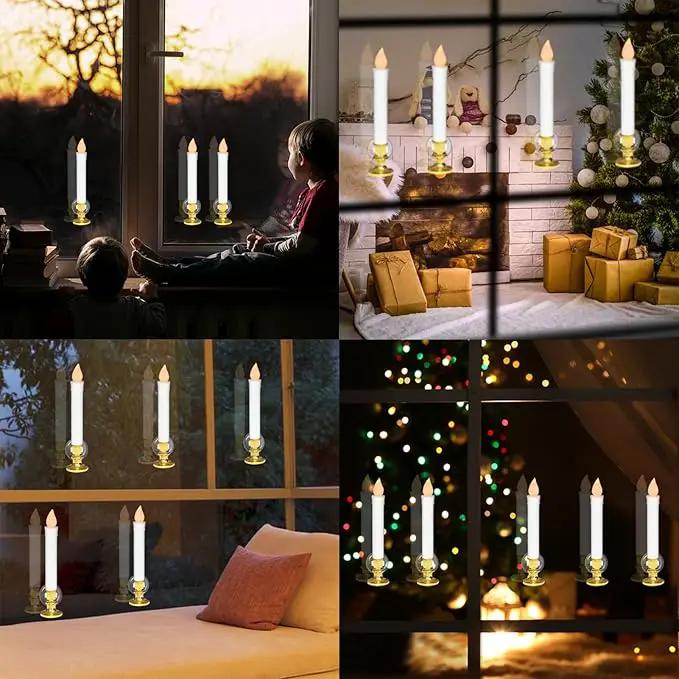 DRomance 9" Flameless Window Taper Candles Battery Operated with 8-Key Remote and Timer, 8 Pack White Christmas Holdiay Window Candles with Gold Holders, Suction Cups and AA Batteries Included by GreenHaven Gardens