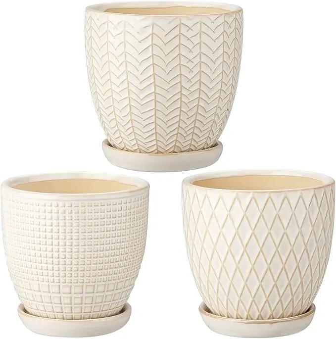 Oairse 4 inches Ceramic Planter Pots 3 Set of Small Round Flower Pots with Drainage Hole and Ceramic Tray for Succulents Cactus Indoor Outdoor Garden Home Windowsill by GreenHaven Gardens