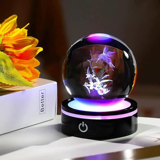 YWHL 3D Hummingbird Figurine Crystal Ball with Light Base, Hummingbird Gifts for Women Men on Christmas Birthday, 3D Laser Engraved Hummingbird Ornament Glass Decorative Ball for Home Office (80mm) by GreenHaven Gardens