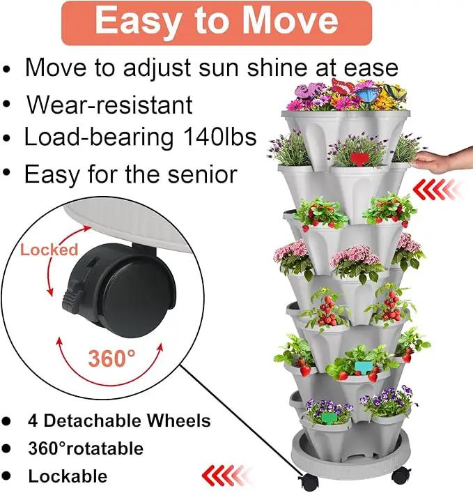 Vertical Planter, 7 Tier Stackable Strawberry Planter with Garden Tool Set, Movable Indoor/Outdoor Garden Herb Pot for Growing Vegetables and Succulents, Gray by GreenHaven Gardens