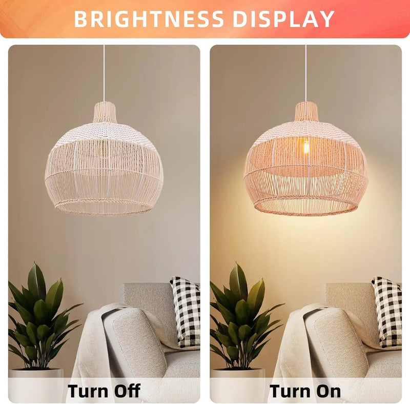 Arturesthome White Handwoven Rattan Boho Pendant Lighting Fixtures, Wicker Hanging Ceiling Light Chandelier, Handmade Woven Basket Lampshade for Kitchen Island by GreenHaven Gardens