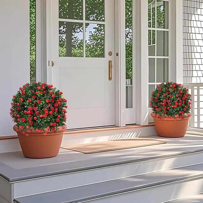 Artificial Boxwood Topiary Tree with Rose, Set of 2 Artificial Shrub Bushes with Ground Spike, Fake Evergreen Tree for Porch, Artificial Plants for Outdoor Planters Indoor UV Resistant by GreenHaven Gardens