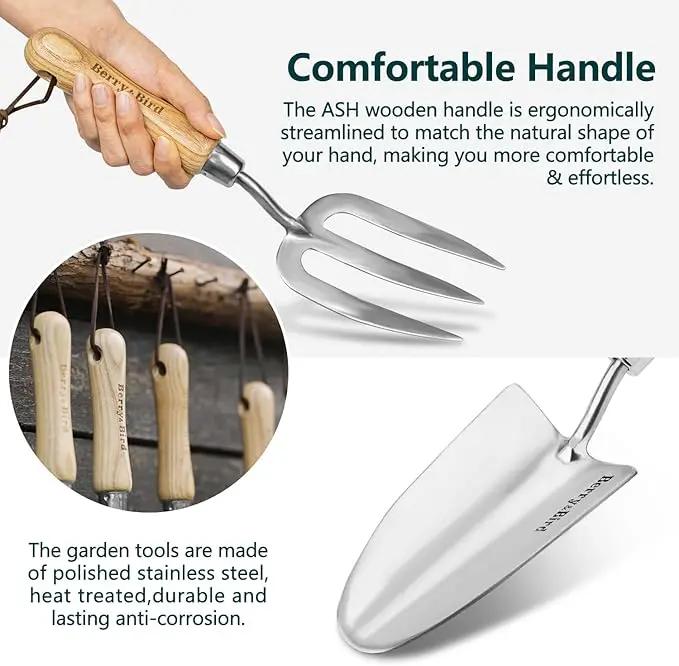 Berry&Bird Garden Tool Set- 3PCS Stainless Steel Gardening Tool Sets with Wooden Handle Trowel Weeding Fork & Digging Shovel Hand Tool Kit for Planting, Ideal Gardening Gift for Women & Men by GreenHaven Gardens
