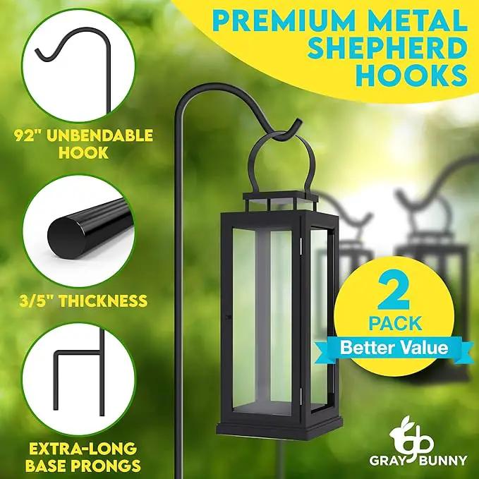 Gray Bunny 92" Shepherds Hooks for Outdoor 2 Pack, Thick Bird Feeder Pole, Hanging Plant Stand, Shepherds Hook for Bird Feeder, Non-Hollow, Non-Adjustable, Extra Long Base Prongs by GreenHaven Gardens