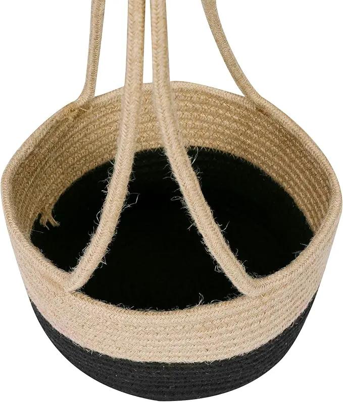 Hanging Planter Basket Jute Rope Woven Plant Hangers Indoor Hanging Plant Holder Up to 7" Pot Macrame Modern Storage Organizer Home Decor (Jute-Black) by GreenHaven Gardens