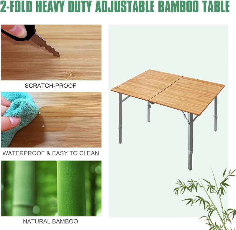 Bamboo Folding Camping Table 2-Folds with Adjustable Aluminum Legs Portable Picnic Table with Carry Bag for Outdoor Hiking Beach 2-4 Person by GreenHaven Gardens