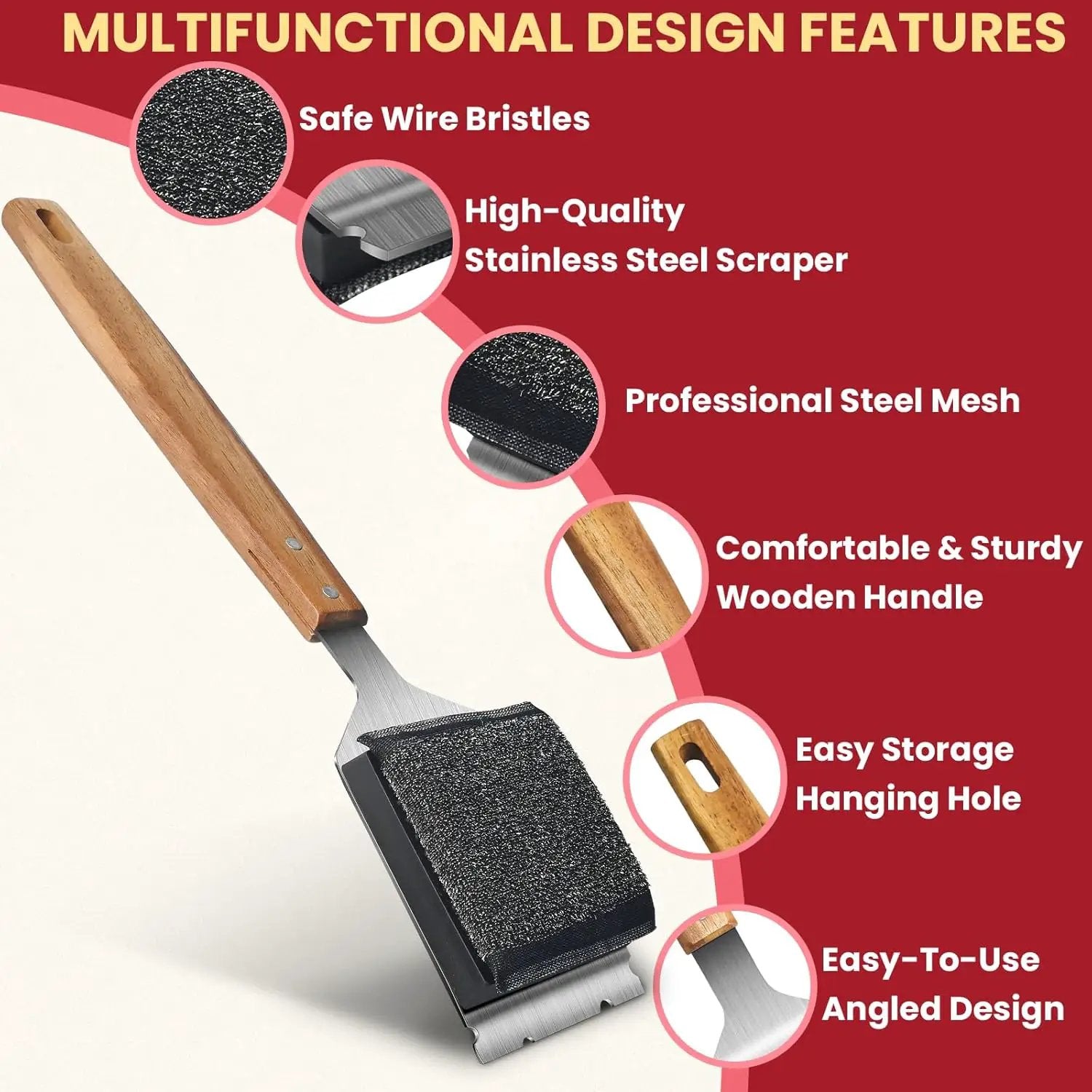 Grill Brush BBQ Cleaner Brush - Barbecue Brush for Outdoor Grill with 1 PCS Replacement Cleaning Head, Grill Cleaning Brush Bristle Free with Stainless Steel Scraper & Wooden Handle for Most Grate by GreenHaven Gardens