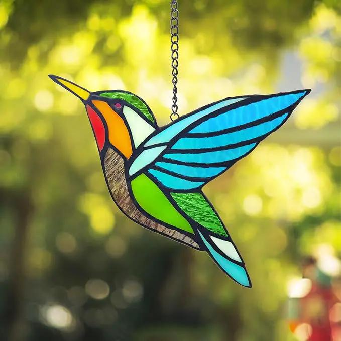 Royxen 2 Pack Hummingbird Stained Glass Window Hangings Handmade Bird Sun Catcher for Home Window by GreenHaven Gardens