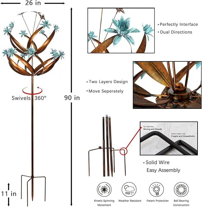 Butterfly Flower Garden Wind Spinner - Large Kinetic Outdoor Metal Wind Sculptures & Spinners Decor for Yard and Garden, Whirligigs Large Wind Spinners for Patio, Lawn, Outside (26" W x 90" H) by GreenHaven Gardens