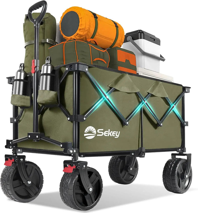 Collapsible Wagon Cart with Big All-Terrain Beach Wheels, Foldable Heavy Duty Wagons with Cup Holders, Utility Carts for Camping, Garden, Outdoor, Grocery, Sports. Khaki by GreenHaven Gardens