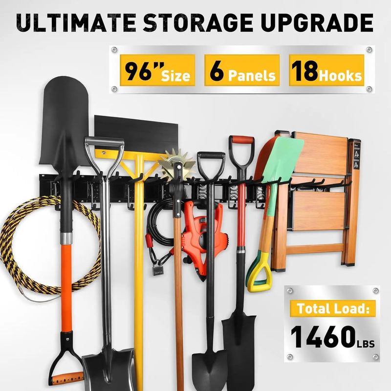 ELEAD 96 Inches Garage Storage, Garage Organization, Garden Tool Organizer Wall Mount, 18 Adjustable Heavy Duty Metal Hooks, Holds Up to 1460 lbs, Yard Tool Organizer for Garden, Yard, and Shed by GreenHaven Gardens