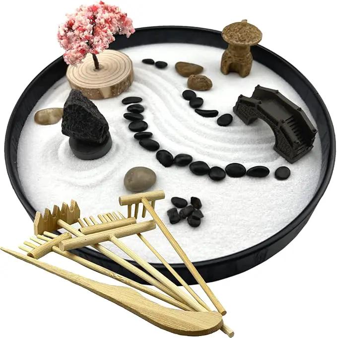 Zen Garden for Desk Japanese Zen Garden Kit 8 Inch Large Round with 6 Sand Rake and Accessories Tray Mini Desktop Zen Decor for Home Office Gift Therapy Relaxation Meditation by GreenHaven Gardens