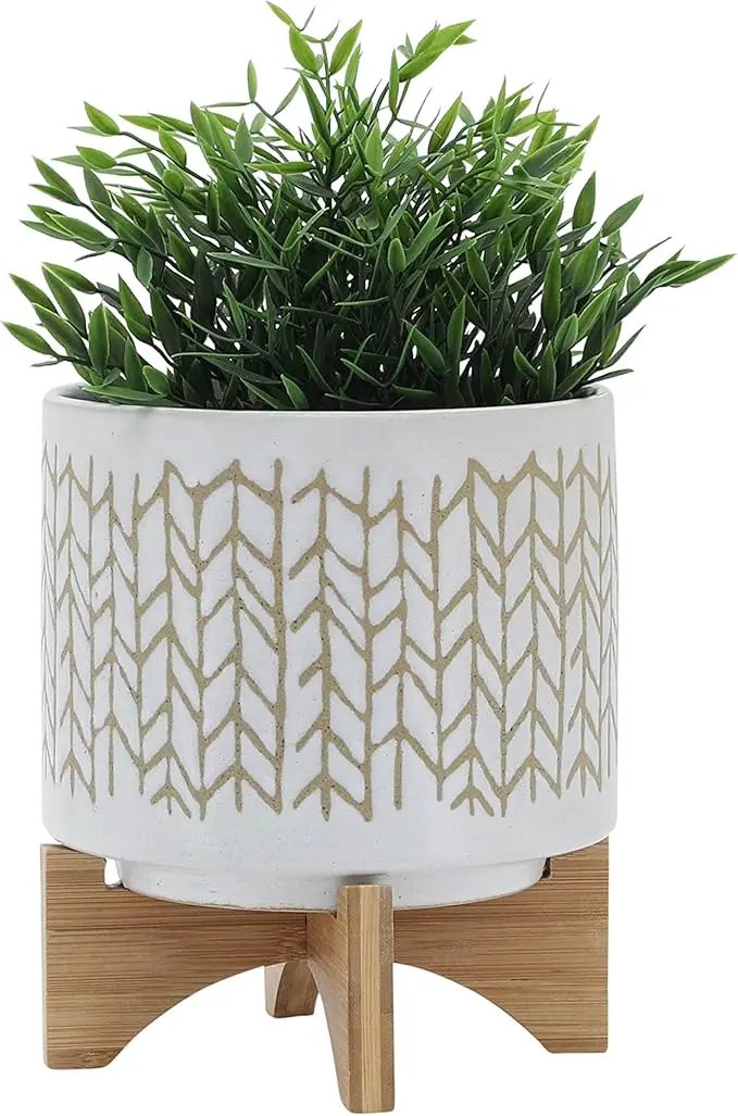 8" Ceramic Planter Stand, Ivory/Beige Chevron with Wooden Base, Indoor/Outdoor Planter with Stand for Your Succulents and Small Plants by GreenHaven Gardens