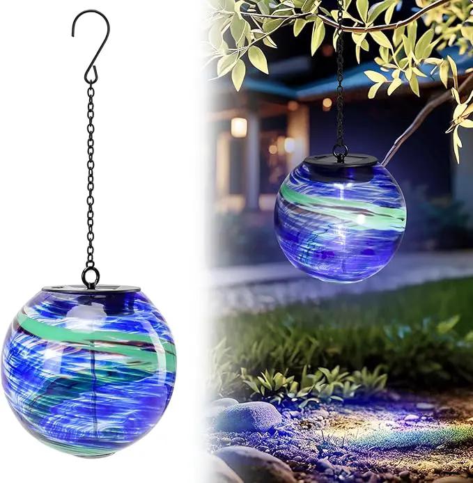 VCUTEKA Solar Chandelier Outdoor, Hanging Glass Solar Light with Hook Up, Garden Lanterns Decor for Yard, Tree and Patio, Blue Green by GreenHaven Gardens