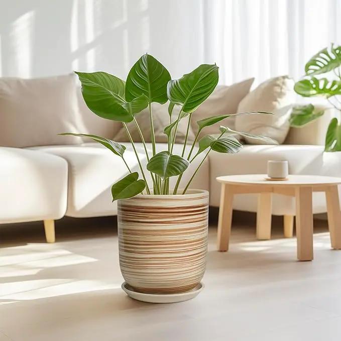 Ceramic Planter 10 Inch - Ceramic Pots for Indoor Plants Outdoor Large Plant Pot with Drainage Hole and Saucer Cylinder Flower Pot Yellow by GreenHaven Gardens