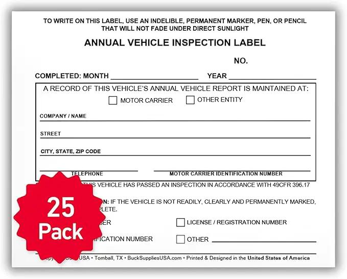 25 Pack Buck Annual Vehicle Inspection Label, 2-Ply Adhesive Vinyl with Mylar Laminate, FMCSA & DOT Compliant, Weatherproof, Tear Resistant, Easy to Write On, 5" x 4" - Made in USA by GreenHaven Gardens