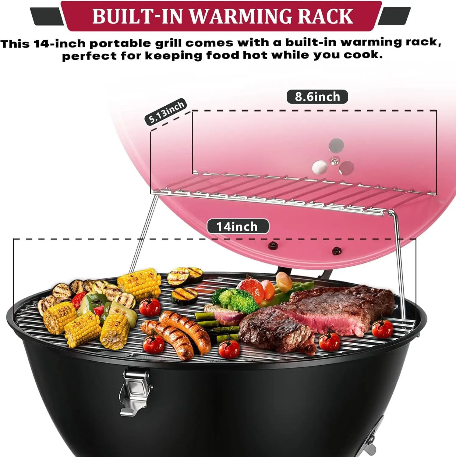 14inch Portable Charcoal Grill with Warming Rack, Small bbq Charcoal Grill Tabletop Foldable Grills for Backyard, Camping, Pink by GreenHaven Gardens
