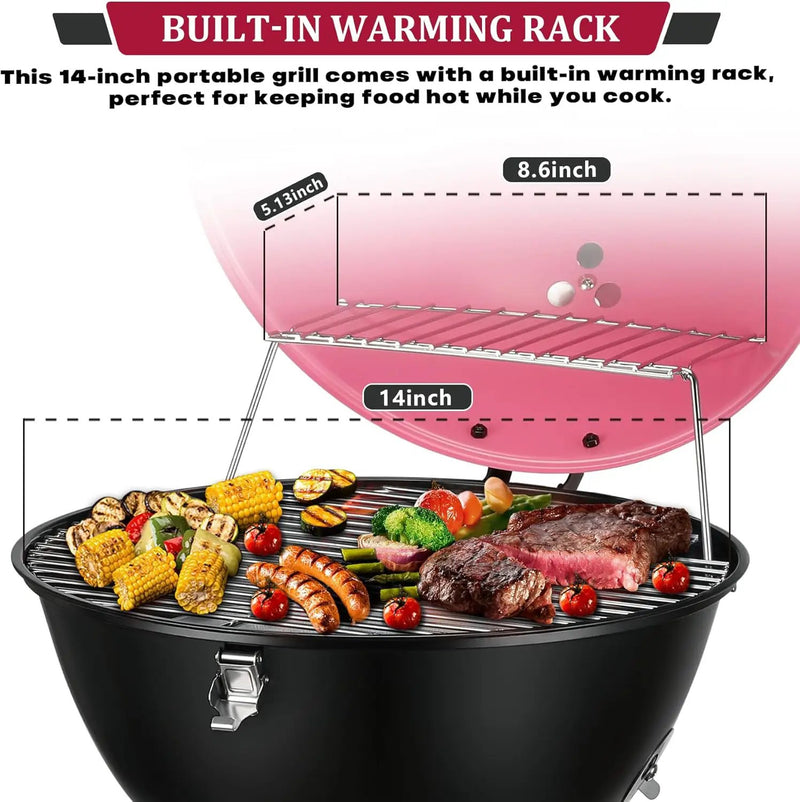 14inch Portable Charcoal Grill with Warming Rack, Small bbq Charcoal Grill Tabletop Foldable Grills for Backyard, Camping, Pink by GreenHaven Gardens
