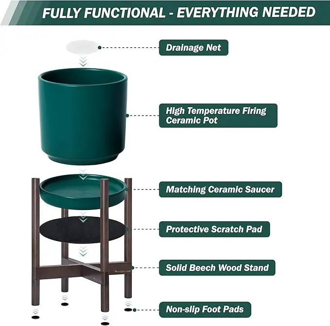 D'vine Dev Ceramic Planter with Walnut Color Stand - 10 Inch Modern Round Flower Pot with Wood Planter Holder, Teal, 55-B-X-4 by GreenHaven Gardens