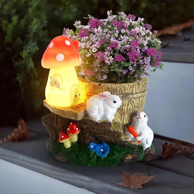Garden Rabbit Statue,Resin Rabbit Figurine with Solar LED Light,Flower Pots Planters Pots for Succulent,Bunny Statue for Patio Balcony Yard Lawn Decor,Unique Gift for Dad Mom Grandma by GreenHaven Gardens