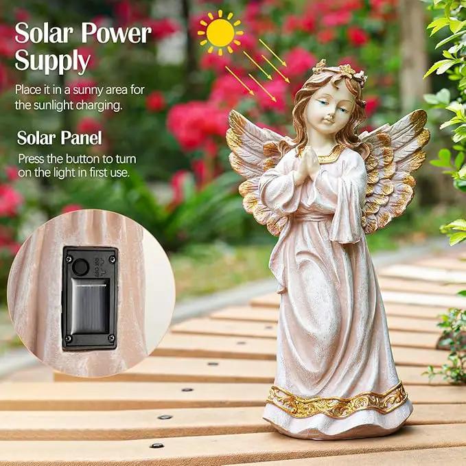 Angel Garden Statue,Memory Guardian Solar Garden Decor with Warm Light,Waterproof Praying Angel Statue with Garland,Outdoor Garden Decor Sculpture for Lawn Yard Patio,Sympathy Gift,Apricot Pink by GreenHaven Gardens