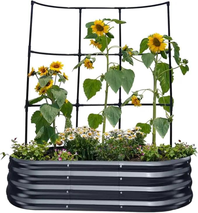 KING BIRD Raised Garden Bed with Wall Trellis Galvanized Planter Garden Box Outdoor for Gardening, Climbing Vegetables, Flowers 3.94x2.95x0.98 Ft, Dark Grey by GreenHaven Gardens