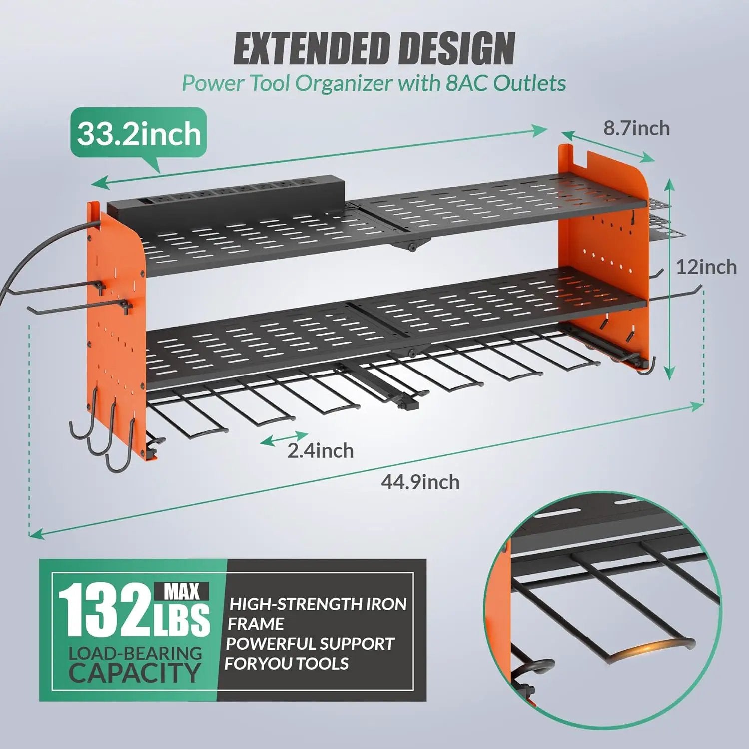 Suchtale Power Tool Organizer with Charging Station,33.2''Garage 8 Drill Holders Wall Mount,3 Layers Heavy Duty Metal Tool Shelf with 8 Outlets Power Strip, Gift for Men, Father, Orange by GreenHaven Gardens