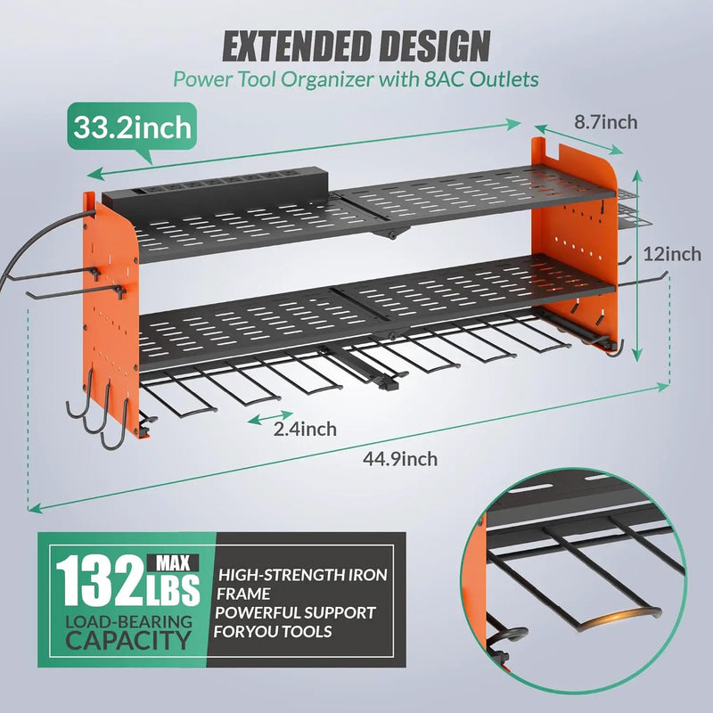 Suchtale Power Tool Organizer with Charging Station,33.2''Garage 8 Drill Holders Wall Mount,3 Layers Heavy Duty Metal Tool Shelf with 8 Outlets Power Strip, Gift for Men, Father, Orange by GreenHaven Gardens