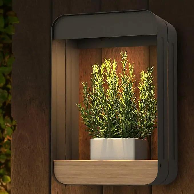 Grand patio Solar Outdoor Power Wall Sconce Shelf Planter, Waterproof Decor LED Wall Light Lamp with Woodgrain for Patio, Porch, Solar Energy, Black(S-Rectangle) by GreenHaven Gardens