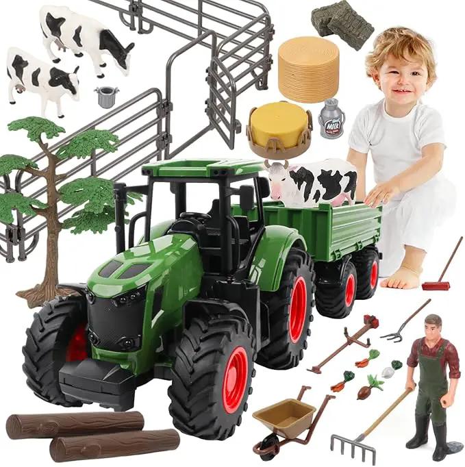 Farm Animal Tractor Toys Playset-16.5 Inches Tractor with Trailer Fence,Farmer,Tree,Cow,Farm Toy Set for Boys Girls Kids Toddlers Age 3-7 Years Old by GreenHaven Gardens