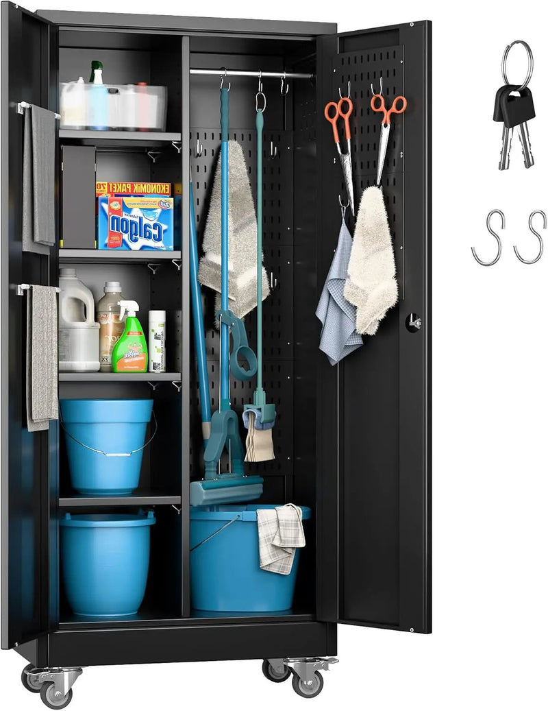 Garage Storage Cabinet with Wheels, 61.7" H Broom Closet Storage Cabinet with Hanging Rod, 5 Pegboard and 13 Hooks, Metal Cabinets with Locking Doors and 4 Shelves, Black by GreenHaven Gardens