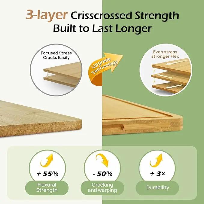 Wood Cutting Board for Kitchen - Reversible Bamboo Cutting Boards Gift Set of 3 with Juice Groove, Wooden Chopping Board for Meat, Fruit, Vegetables & Cheese (Pre Oiled, Natural) by GreenHaven Gardens