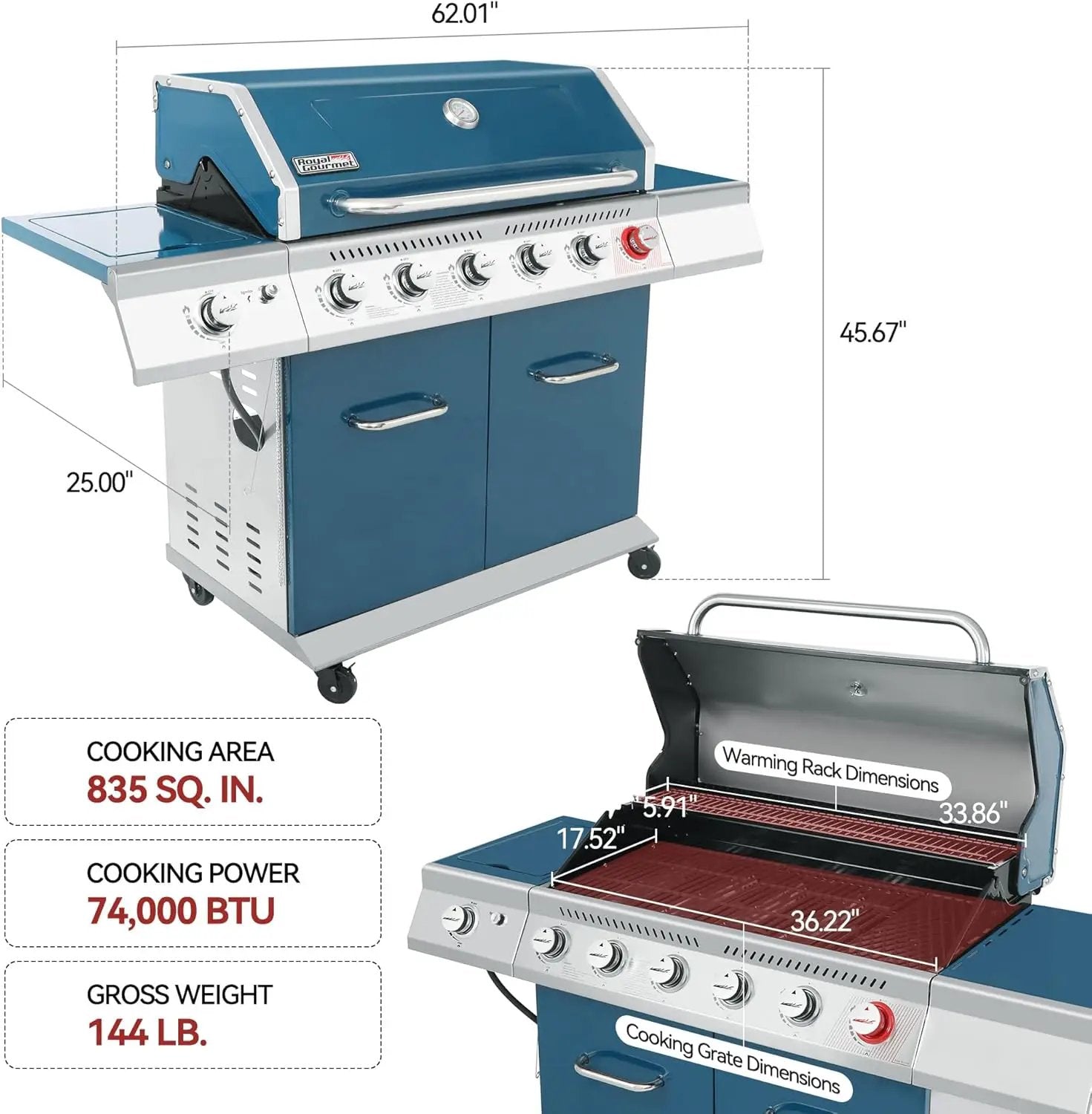 Royal Gourmet GA6402B 6 Burner Propane Gas Grill with Side Burner and Warming Rack, 74,000 BTUs, Cabinet Style Gas BBQ Grill for Barbecue Grilling & Backyard Cooking, Blue by GreenHaven Gardens