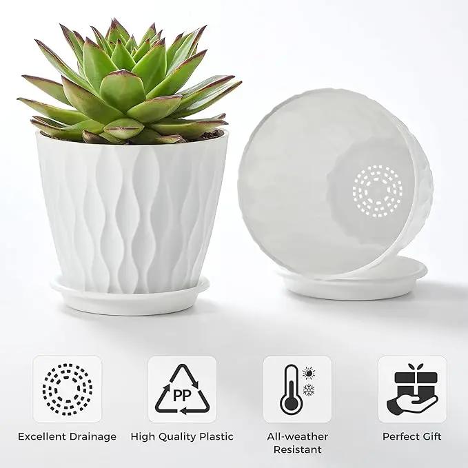 FaithLand 6-Pack 6-Inch Plastic Plant Pots with Saucers | Thickened PP Material, Modern Wave Texture, Enhanced Drainage for Indoor/Outdoor Garden Plants | White Value Set by GreenHaven Gardens